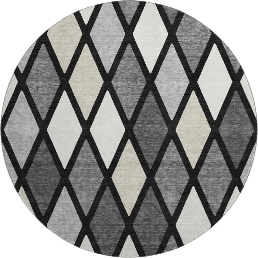8' Black Ivory And Gray Geometric Washable Round Rug With UV Protection Photo 1