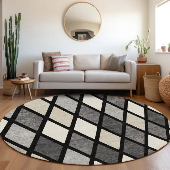 8' Black Ivory And Gray Geometric Washable Round Rug With UV Protection Photo 5