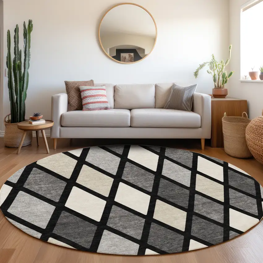 8' Black Ivory And Gray Geometric Washable Round Rug With UV Protection Photo 5