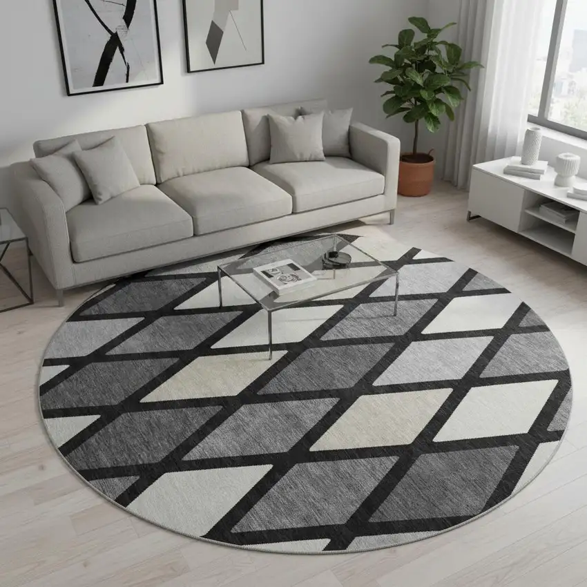 8' Black Ivory And Gray Geometric Washable Round Rug With UV Protection Photo 2