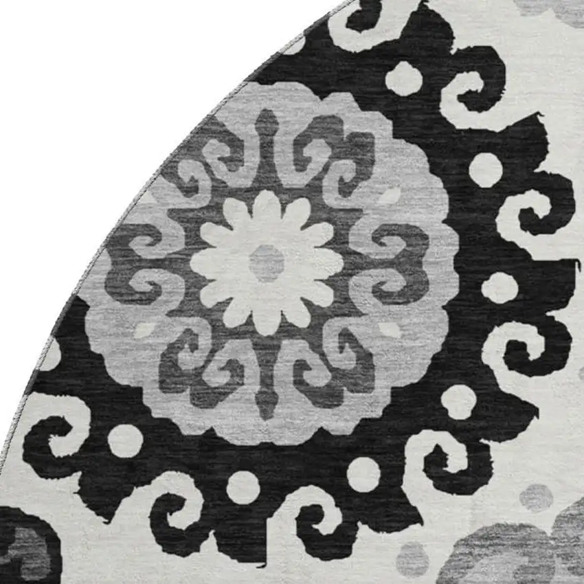 8' Black Ivory And Gray Medallion Washable Round Rug With UV Protection Photo 3