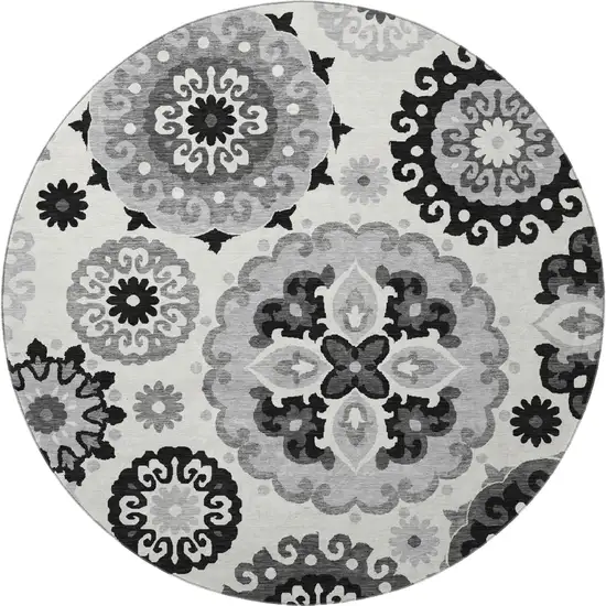 8' Black Ivory And Gray Medallion Washable Round Rug With UV Protection Photo 4