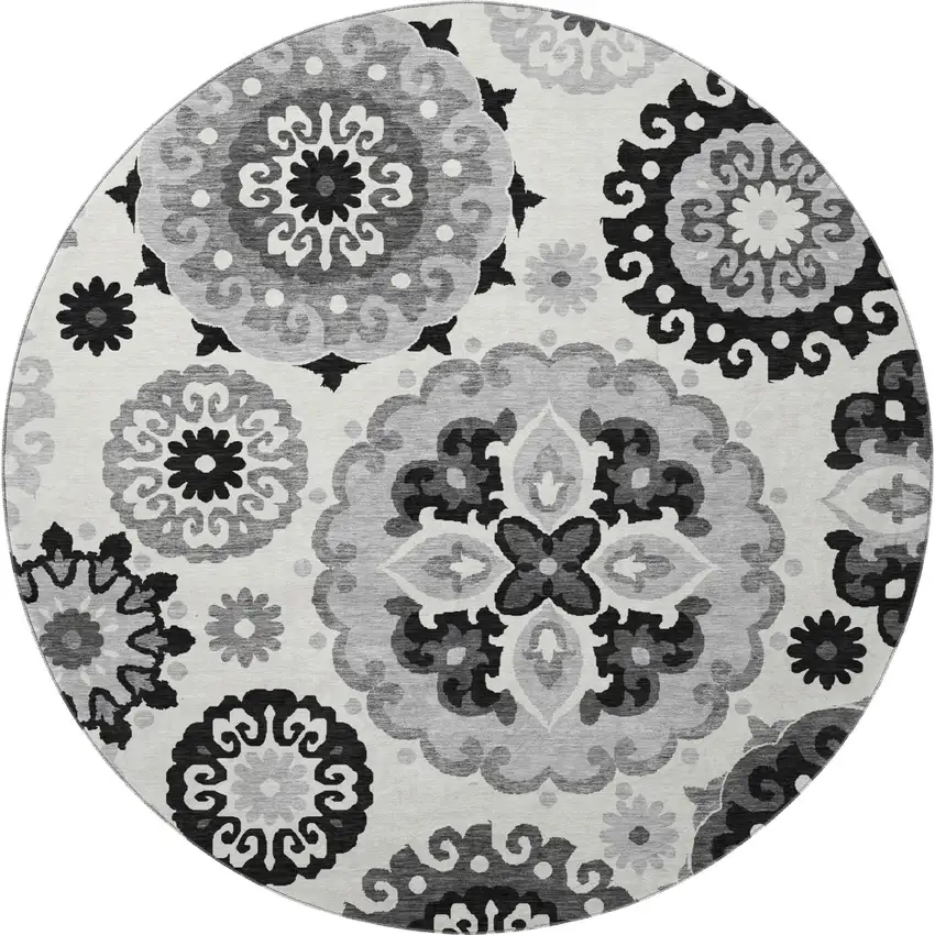8' Black Ivory And Gray Medallion Washable Round Rug With UV Protection Photo 4