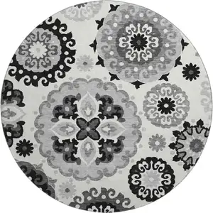 Photo of 8' Black Ivory And Gray Medallion Washable Round Rug With UV Protection