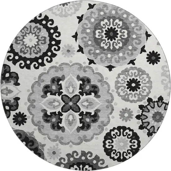 8' Black Ivory And Gray Medallion Washable Round Rug With UV Protection Photo 1