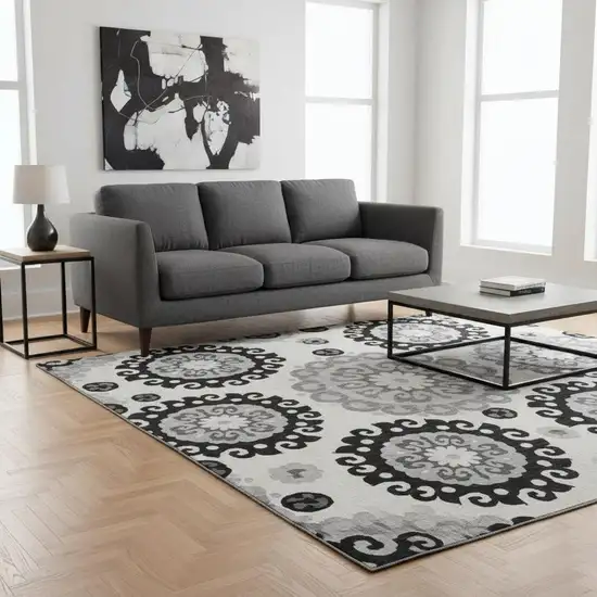 8' Black Ivory And Gray Medallion Washable Round Rug With UV Protection Photo 2