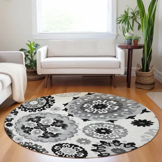 8' Black Ivory And Gray Medallion Washable Round Rug With UV Protection Photo 5