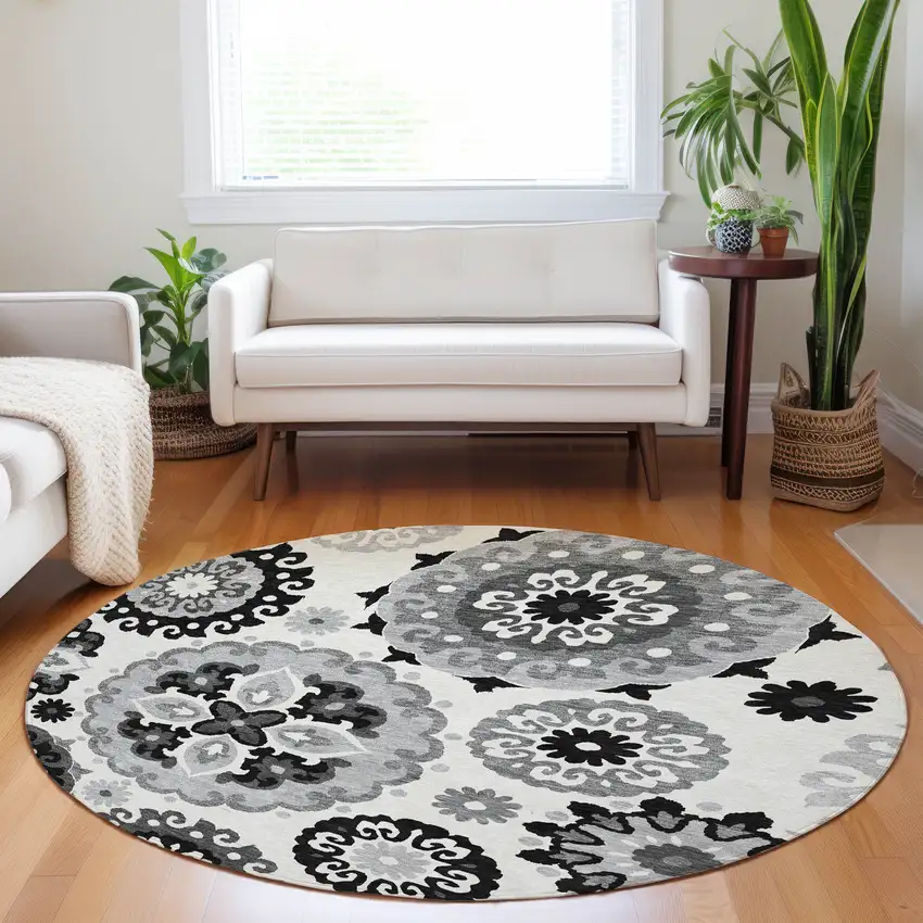 8' Black Ivory And Gray Medallion Washable Round Rug With UV Protection Photo 5