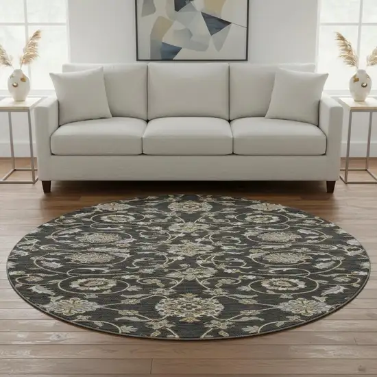 8' Black Ivory And Gray Moroccan Washable Round Rug With UV Protection Photo 2