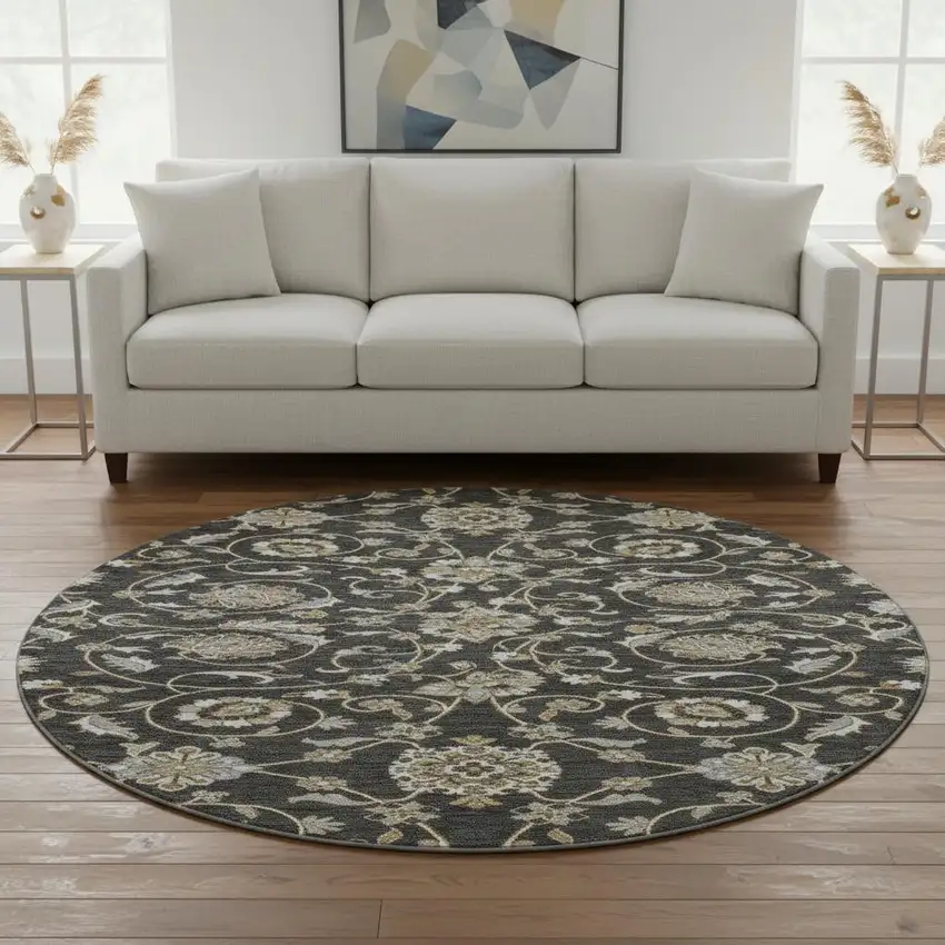 8' Black Ivory And Gray Moroccan Washable Round Rug With UV Protection Photo 2