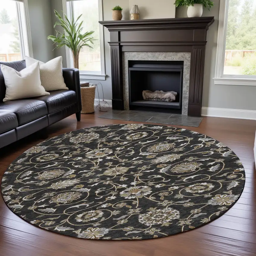 8' Black Ivory And Gray Moroccan Washable Round Rug With UV Protection Photo 4
