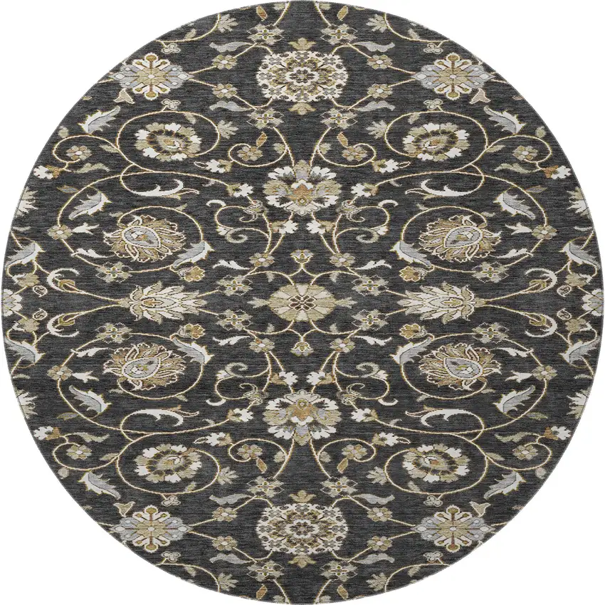 8' Black Ivory And Gray Moroccan Washable Round Rug With UV Protection Photo 3