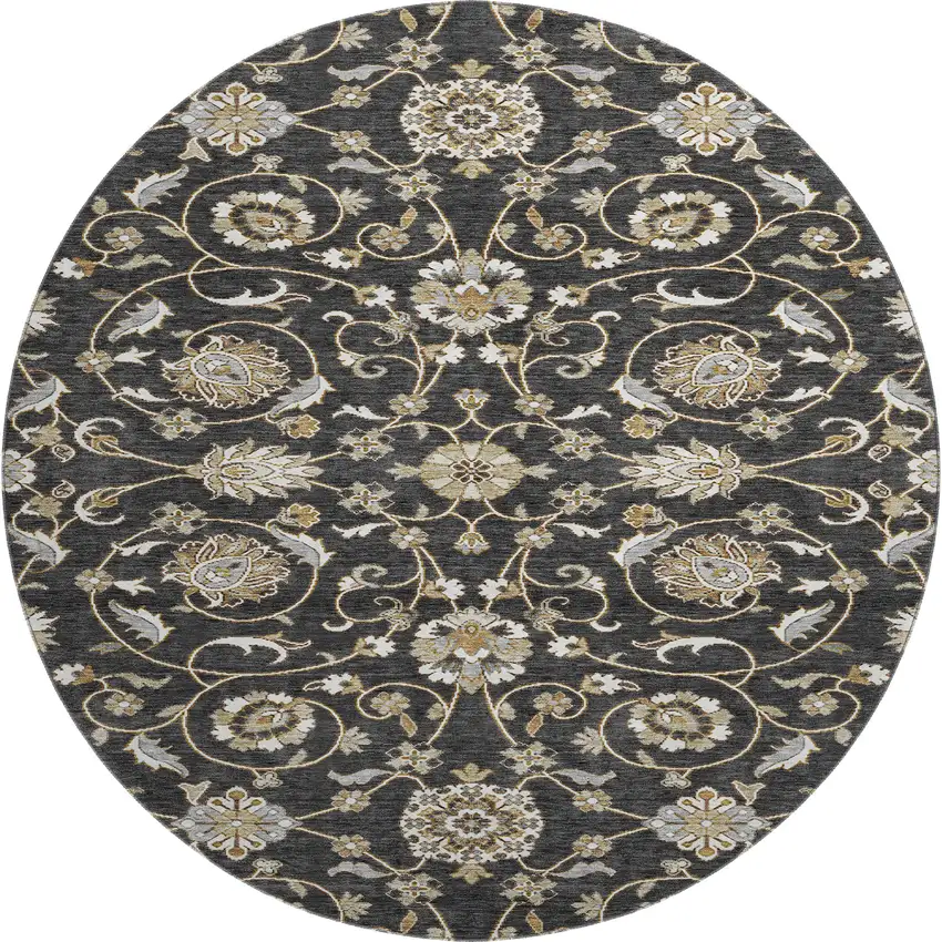 8' Black Ivory And Gray Moroccan Washable Round Rug With UV Protection Photo 1