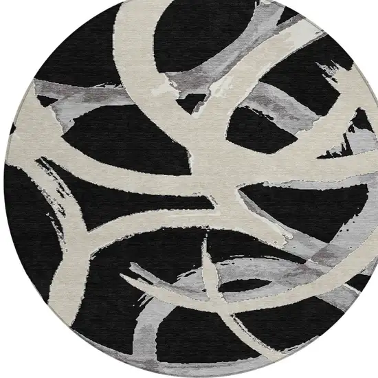 8' Black Ivory And Gray Round Abstract Washable Indoor Outdoor Area Rug Photo 6