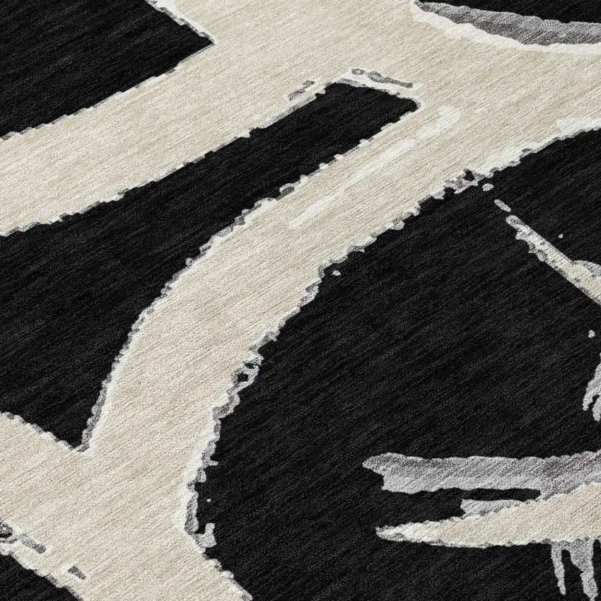8' Black Ivory And Gray Round Abstract Washable Indoor Outdoor Area Rug Photo 5