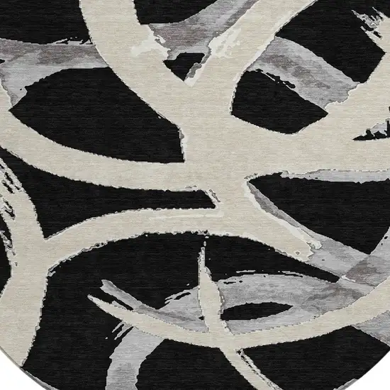 8' Black Ivory And Gray Round Abstract Washable Indoor Outdoor Area Rug Photo 4