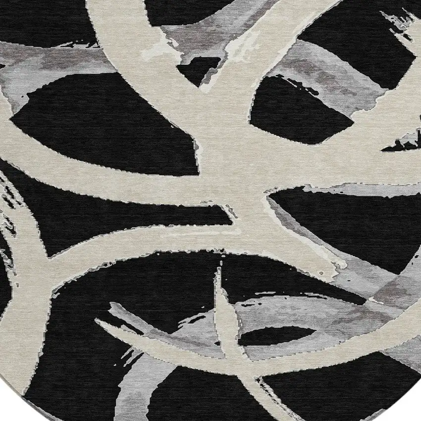 8' Black Ivory And Gray Round Abstract Washable Indoor Outdoor Area Rug Photo 4