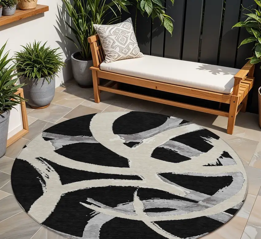 8' Black Ivory And Gray Round Abstract Washable Indoor Outdoor Area Rug Photo 1