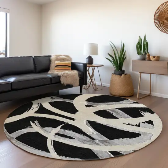 8' Black Ivory And Gray Round Abstract Washable Indoor Outdoor Area Rug Photo 8