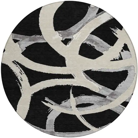 8' Black Ivory And Gray Round Abstract Washable Indoor Outdoor Area Rug Photo 2