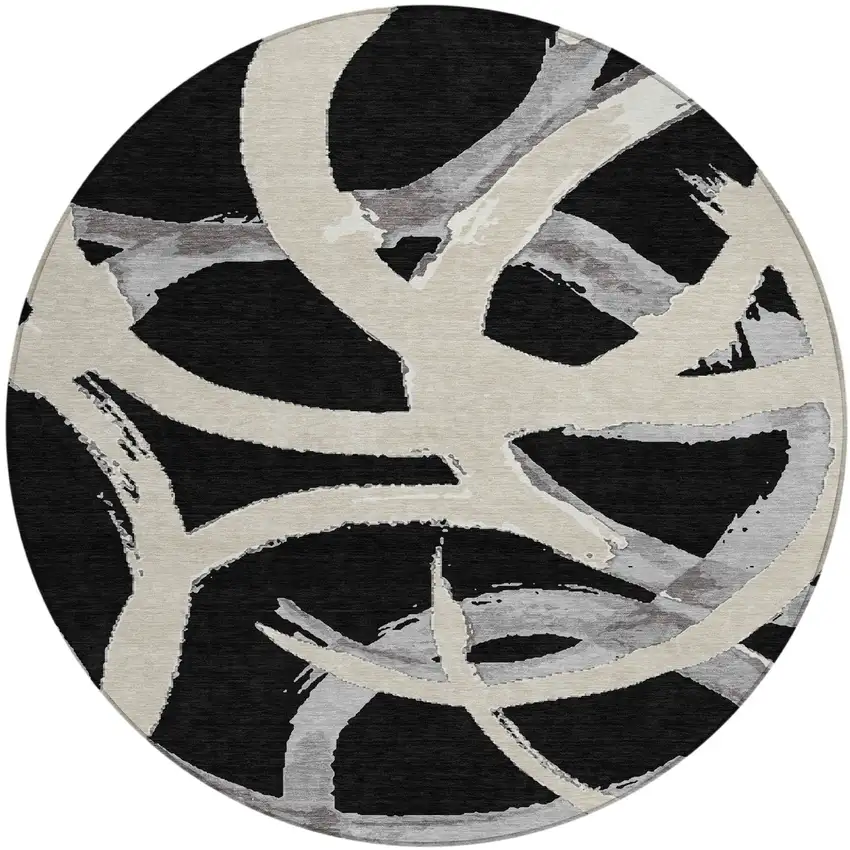 8' Black Ivory And Gray Round Abstract Washable Indoor Outdoor Area Rug Photo 2
