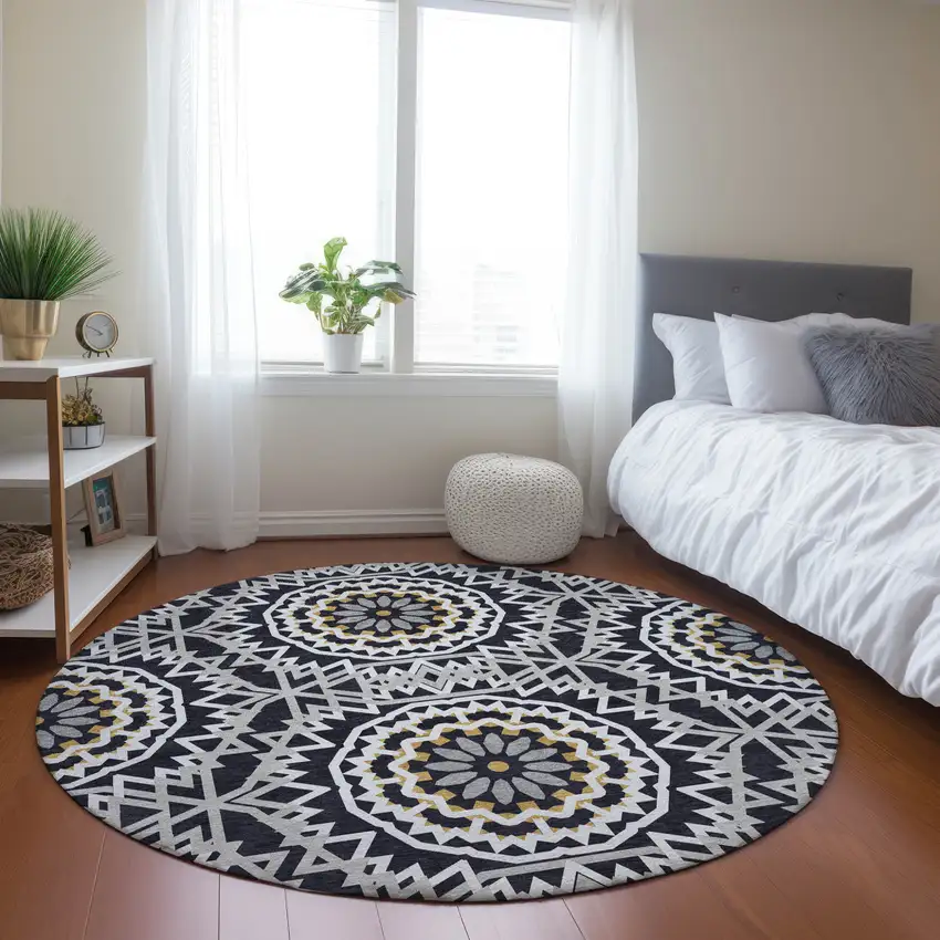 8' Black Ivory And Gray Round Floral Medallion Washable Indoor Outdoor Area Rug Photo 9