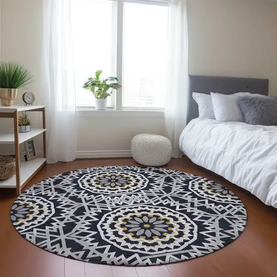 8' Black Ivory And Gray Round Floral Medallion Washable Indoor Outdoor Area Rug Photo 9