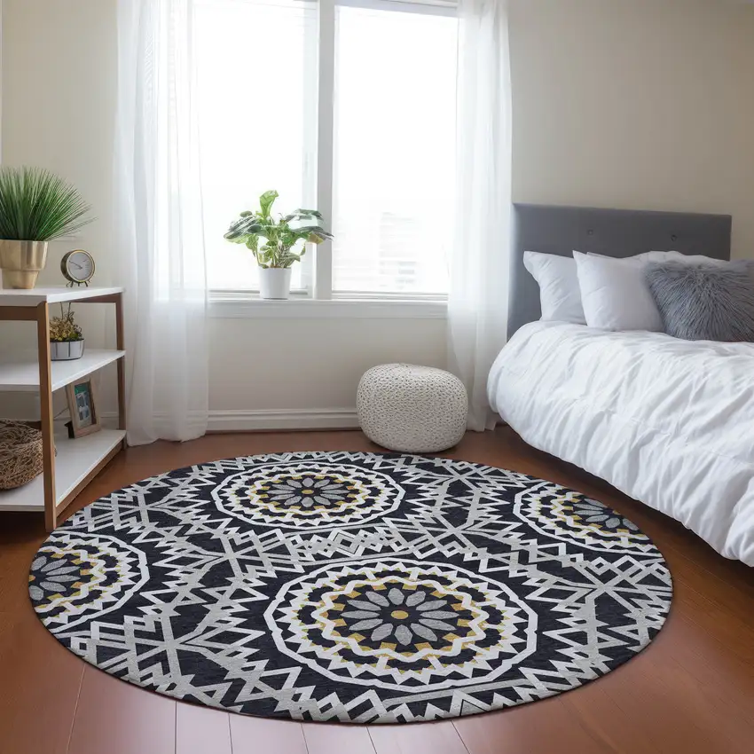 8' Black Ivory And Gray Round Floral Medallion Washable Indoor Outdoor Area Rug Photo 9