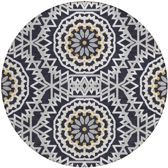 8' Black Ivory And Gray Round Floral Medallion Washable Indoor Outdoor Area Rug Photo 2