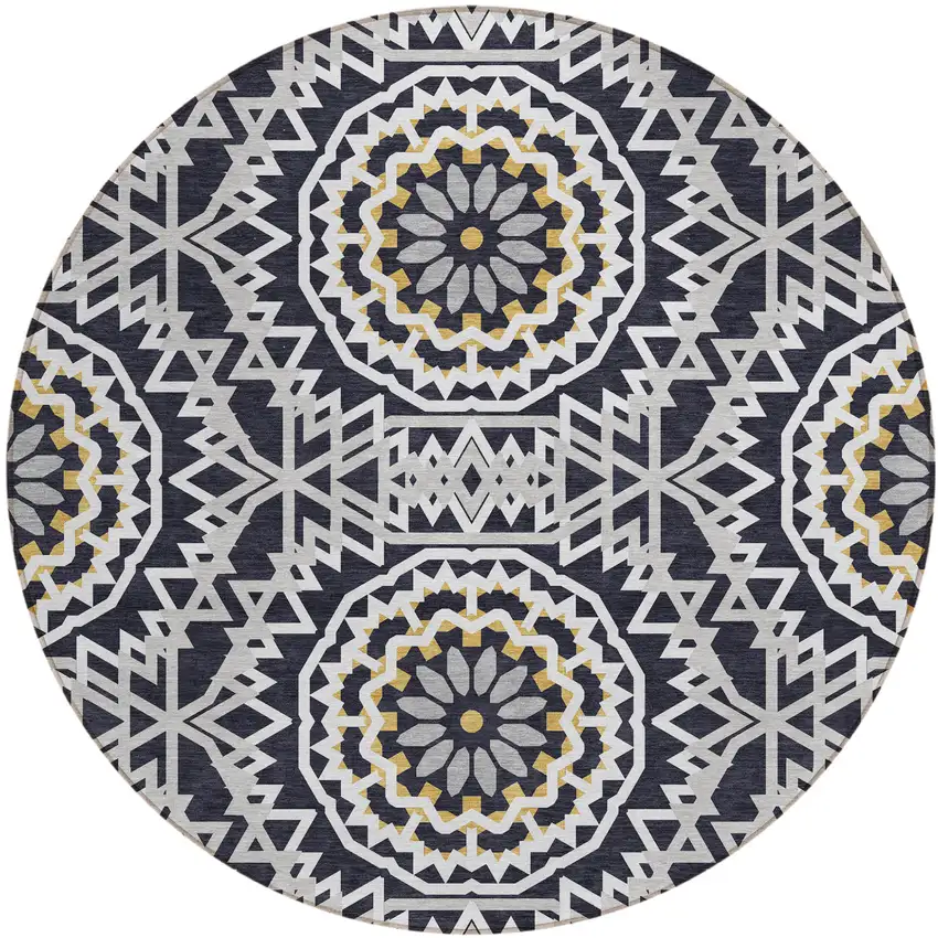 8' Black Ivory And Gray Round Floral Medallion Washable Indoor Outdoor Area Rug Photo 2