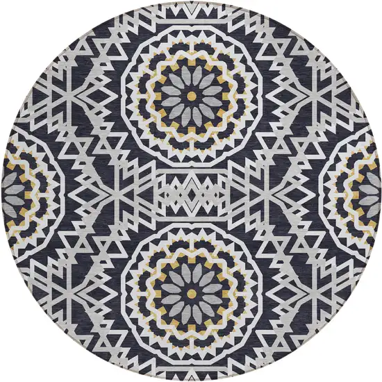 8' Black Ivory And Gray Round Floral Medallion Washable Indoor Outdoor Area Rug Photo 2