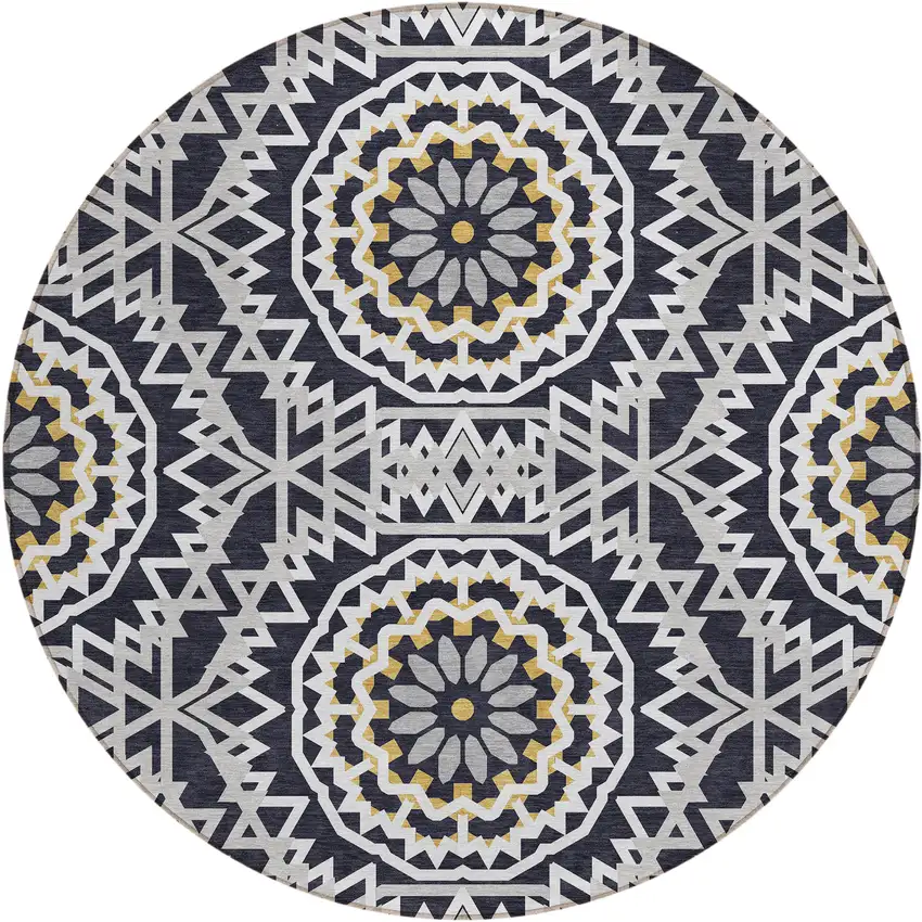 8' Black Ivory And Gray Round Floral Medallion Washable Indoor Outdoor Area Rug Photo 2