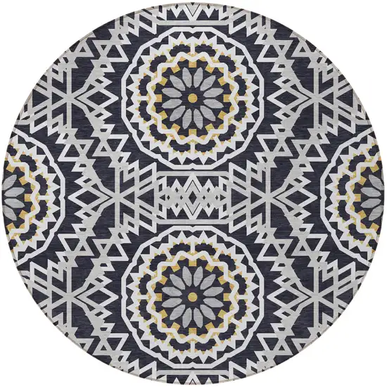 8' Black Ivory And Gray Round Floral Medallion Washable Indoor Outdoor Area Rug Photo 7