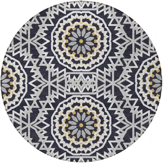 8' Black Ivory And Gray Round Floral Medallion Washable Indoor Outdoor Area Rug Photo 7