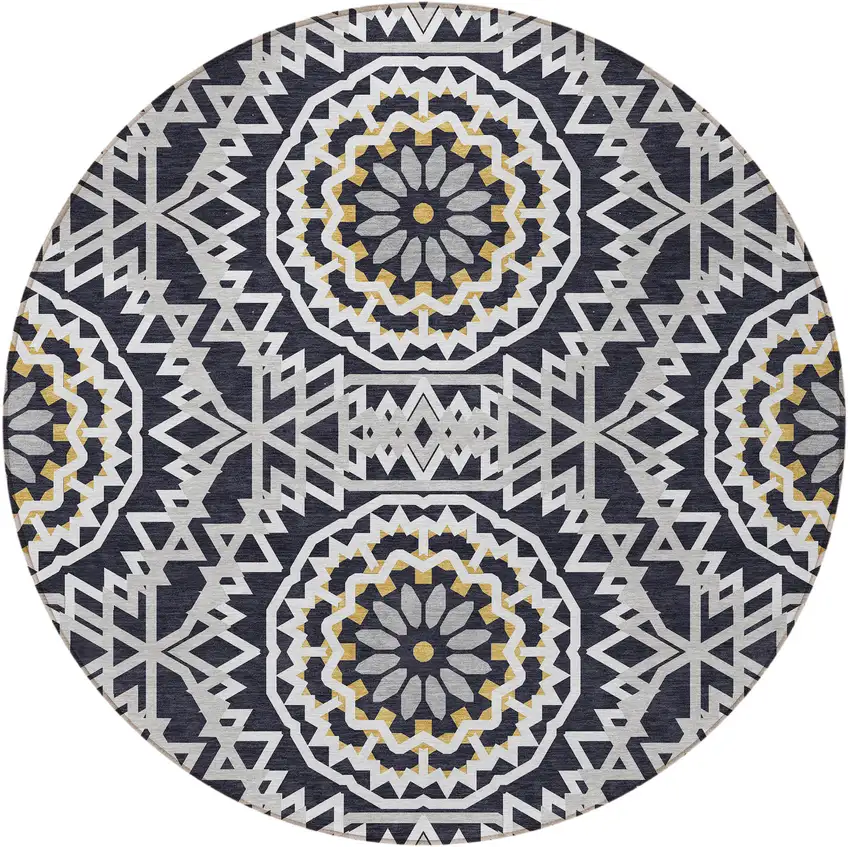 8' Black Ivory And Gray Round Floral Medallion Washable Indoor Outdoor Area Rug Photo 7