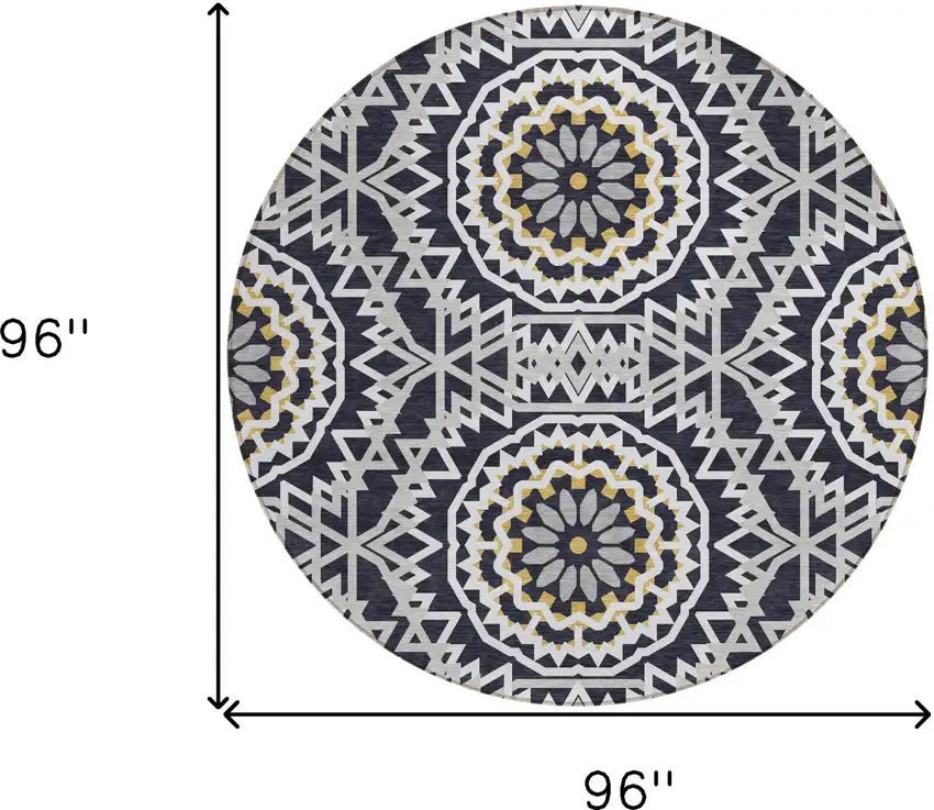 8' Black Ivory And Gray Round Floral Medallion Washable Indoor Outdoor Area Rug Photo 3