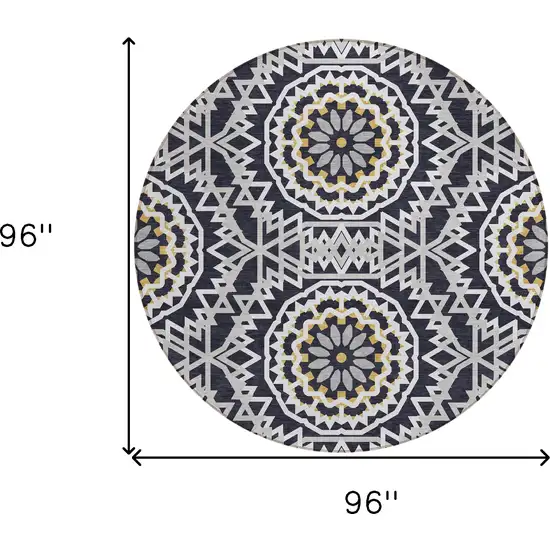 8' Black Ivory And Gray Round Floral Medallion Washable Indoor Outdoor Area Rug Photo 3