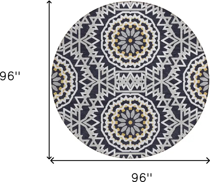 8' Black Ivory And Gray Round Floral Medallion Washable Indoor Outdoor Area Rug Photo 3