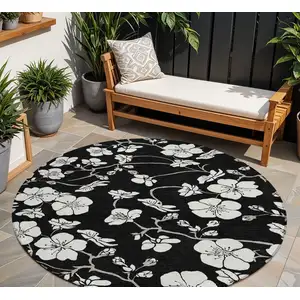 Photo of 8' Black Ivory And Gray Round Floral Washable Indoor Outdoor Area Rug