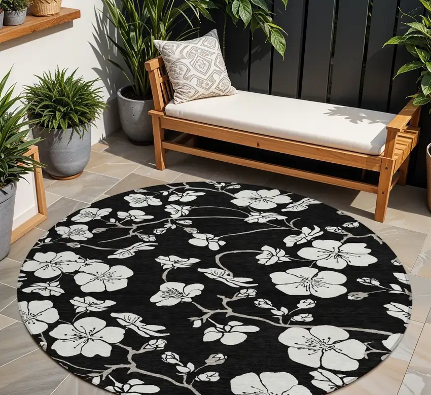 8' Black Ivory And Gray Round Floral Washable Indoor Outdoor Area Rug Photo 1