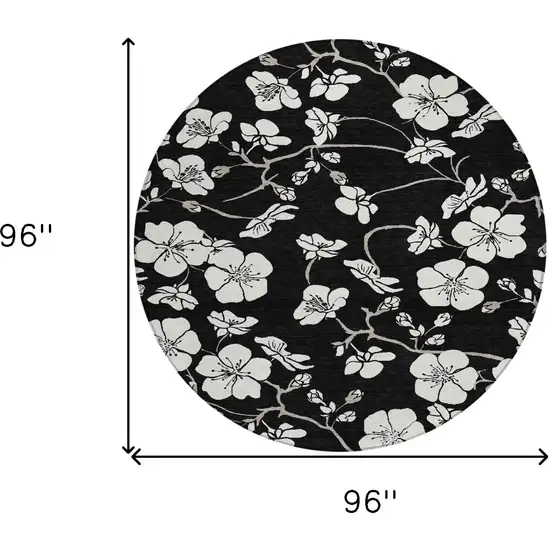 8' Black Ivory And Gray Round Floral Washable Indoor Outdoor Area Rug Photo 3