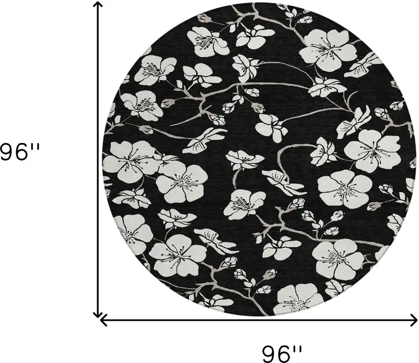8' Black Ivory And Gray Round Floral Washable Indoor Outdoor Area Rug Photo 3