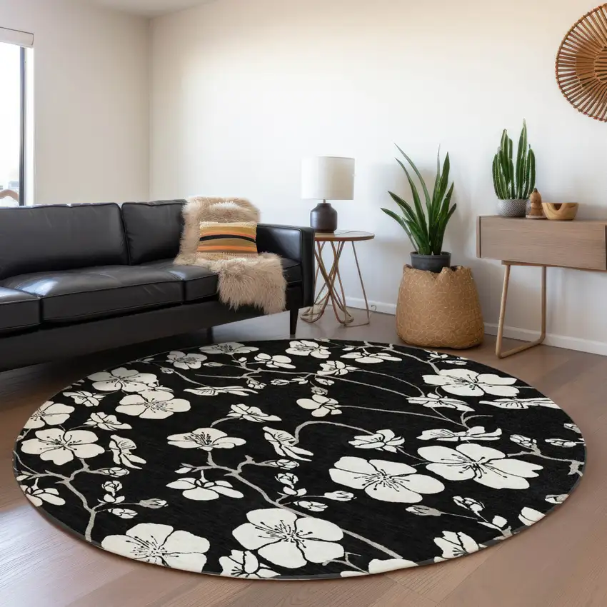 8' Black Ivory And Gray Round Floral Washable Indoor Outdoor Area Rug Photo 7