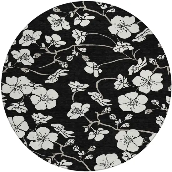 8' Black Ivory And Gray Round Floral Washable Indoor Outdoor Area Rug Photo 2