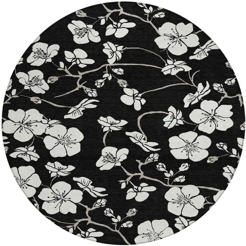 8' Black Ivory And Gray Round Floral Washable Indoor Outdoor Area Rug Photo 2