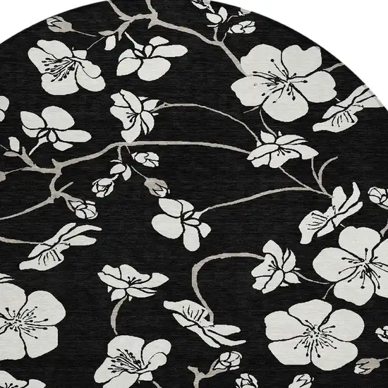 8' Black Ivory And Gray Round Floral Washable Indoor Outdoor Area Rug Photo 5