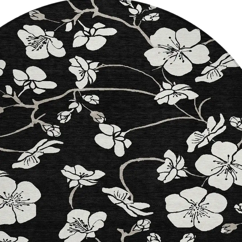 8' Black Ivory And Gray Round Floral Washable Indoor Outdoor Area Rug Photo 5