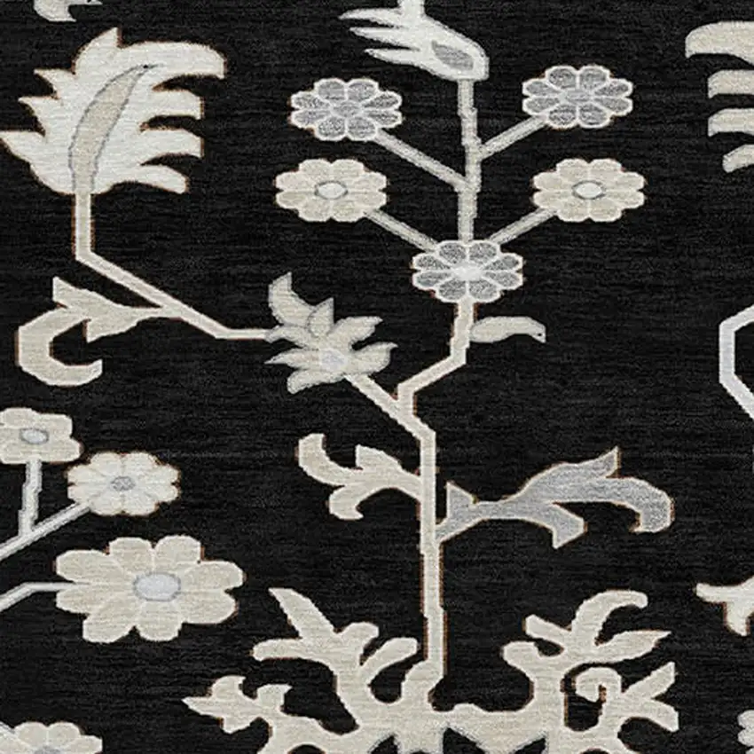 8' Black Ivory And Gray Round Floral Washable Indoor Outdoor Area Rug Photo 9