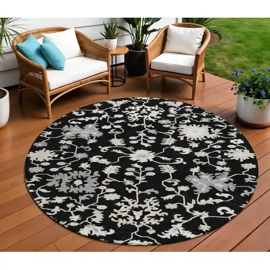 8' Black Ivory And Gray Round Floral Washable Indoor Outdoor Area Rug Photo 2