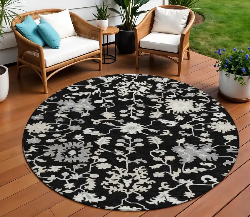 8' Black Ivory And Gray Round Floral Washable Indoor Outdoor Area Rug Photo 2